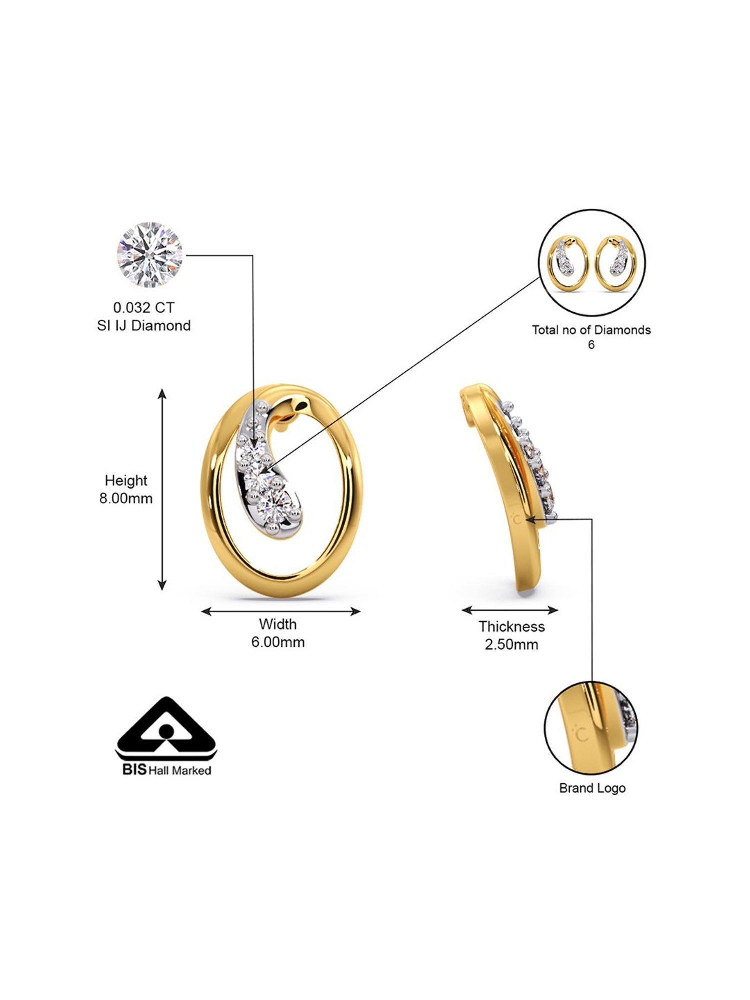 Candere by Kalyan Jewellers Stylish 18K Yellow Gold and Diamond Stud Earrings