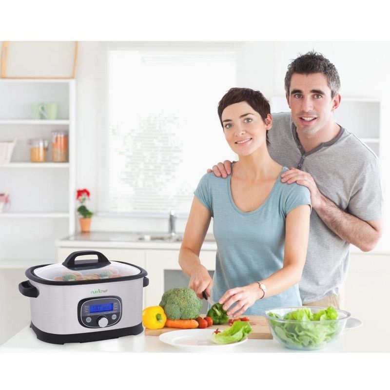 NutriChef 6.5 Quart 11 in 1 Multi Function Electric Sous Vide Slow Cooker with Removable Nonstick Aluminum Inner Cooking Pot, Stainless Steel