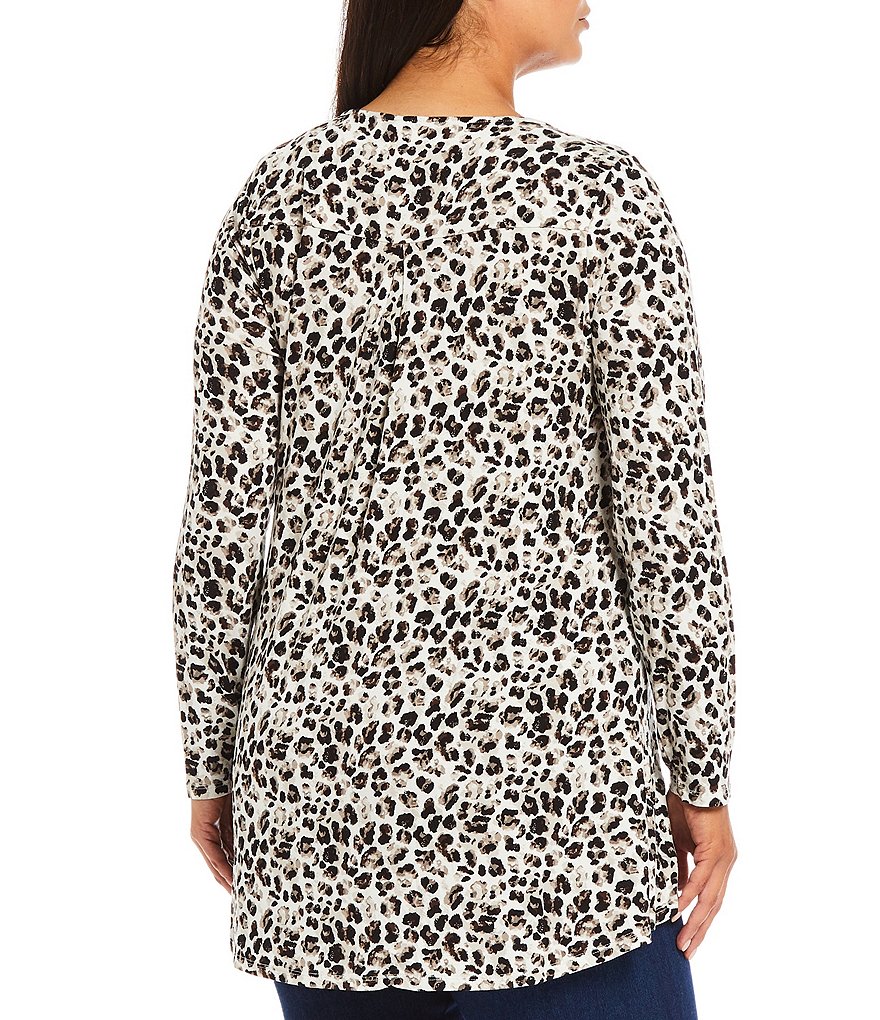 Intro Plus Size Scoop Neck Long Sleeve Pleat Back Detail Hi-Low New Ivory Multi Leopard Print Swing Top