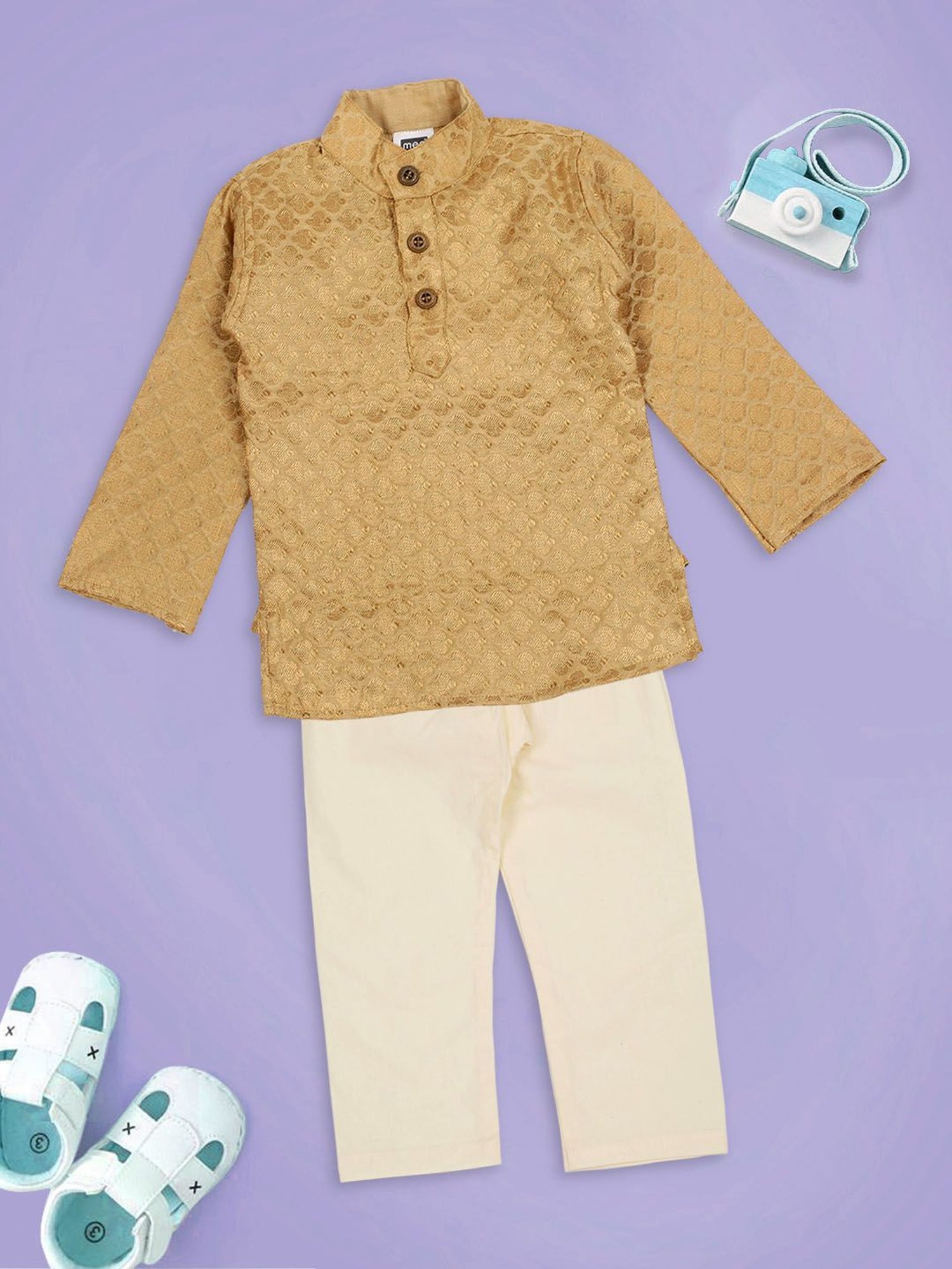 Mee Mee Kids Gold & White Embroidery Kurta with Pyjamas