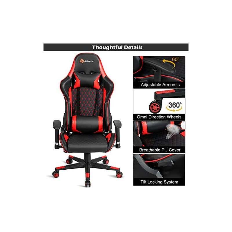Massage Gaming Chair, Reclining Backrest Handrails and Seat Height Adjustment Racing Computer Office Chair, Ergonomic High Back Embroidered PU Swivel Game Chair with Headrest and Lumbar Cushion