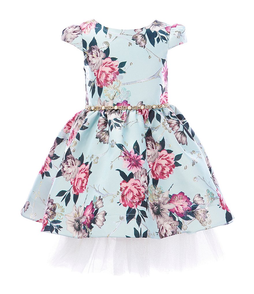 Rare Editions Little Girls 2T-6X Bow-Waist Satin/Jacquard-Stripe Hi-Low Ballgown