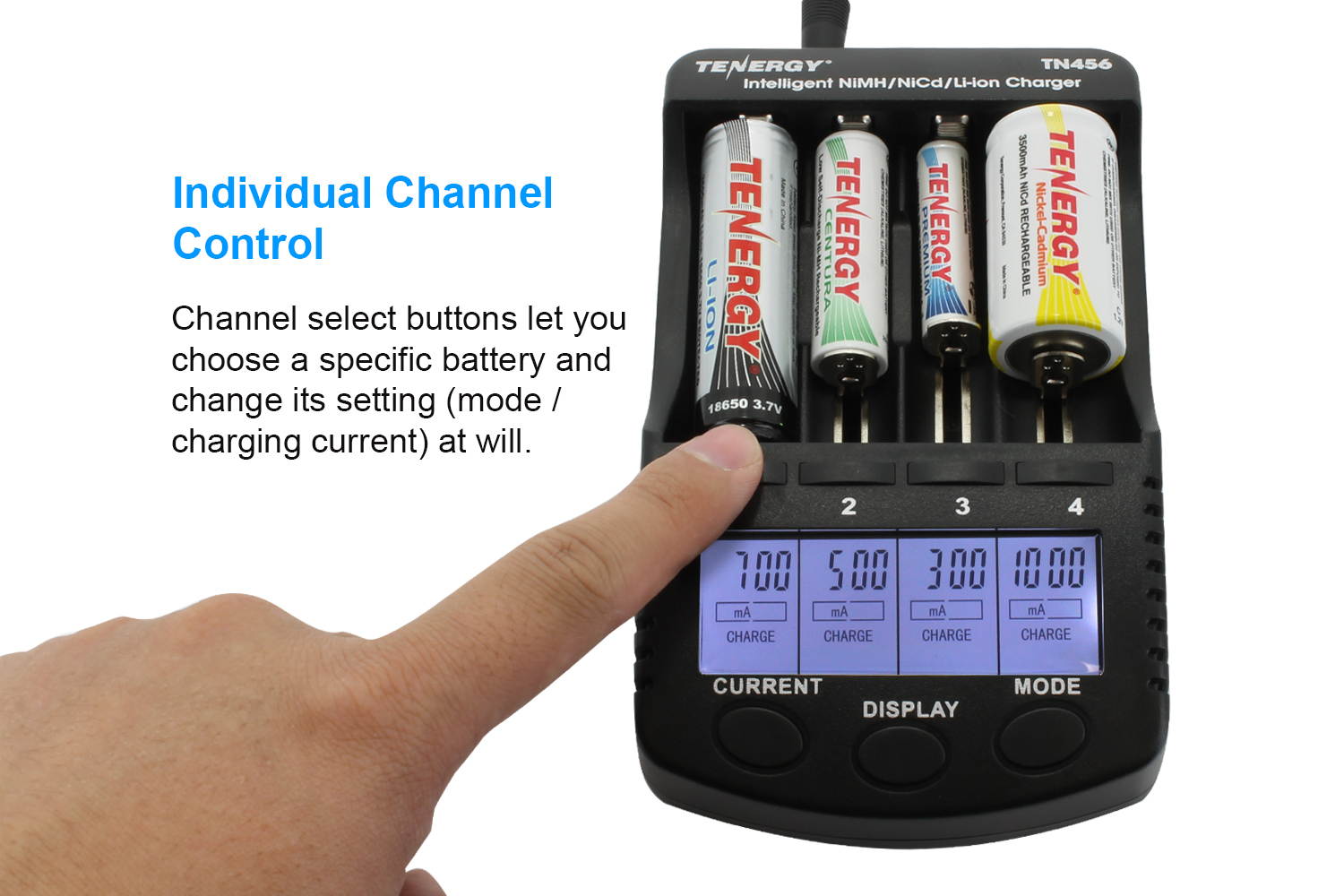 Tenergy TN456 Intelligent Universal Digital Battery Charger for Li-ion NiMH NiCd Rechargeable Batteries - 4 Slots, LCD Screen, USB Output Plug
