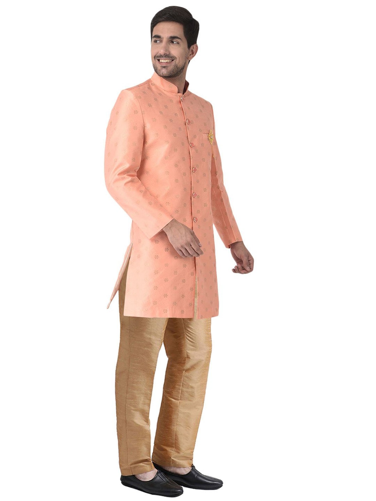 SG LEMAN Peach Regular Fit Printed Sherwani And Pant Set