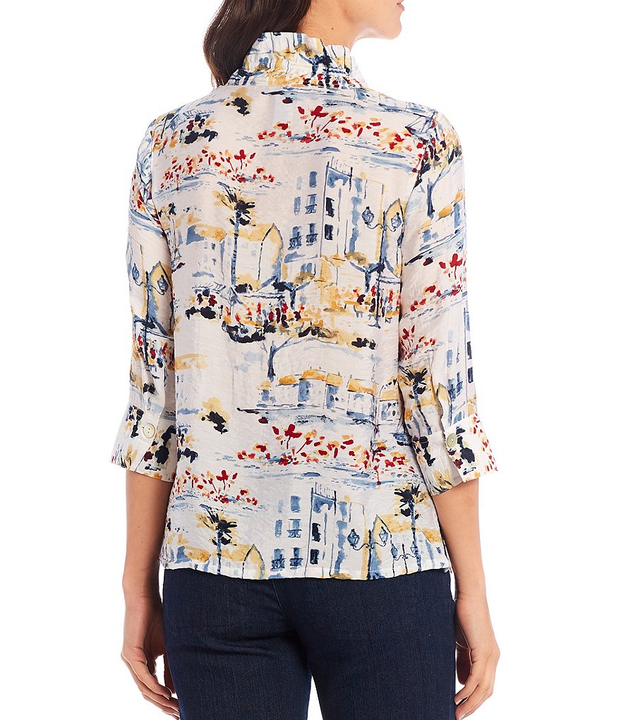 Multiples Petite Size Scenic Print Crinkle Woven Long Sleeve Button Down Hi-Low Shirt