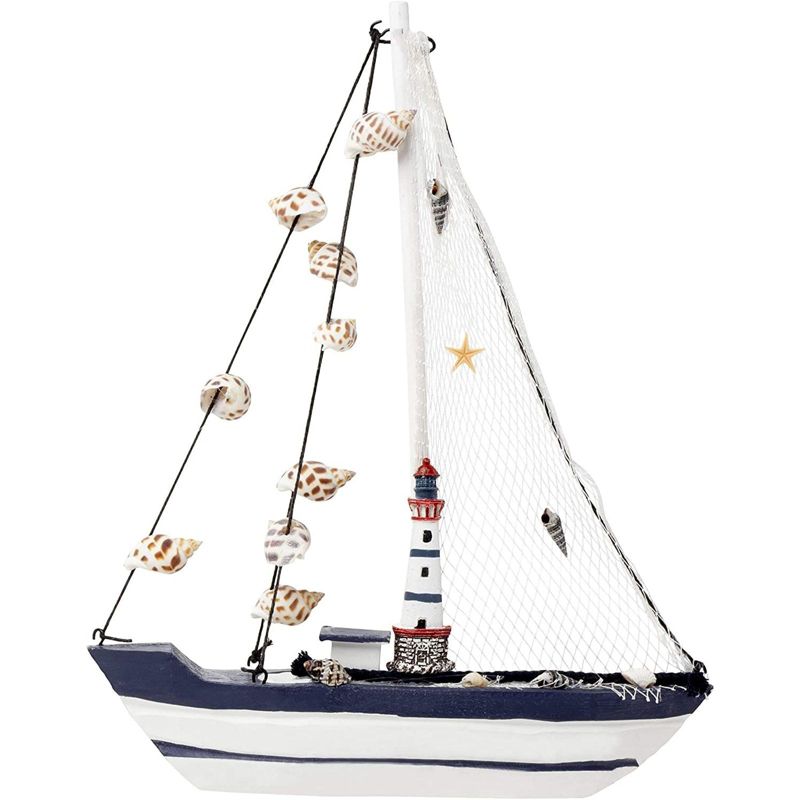 Juvale Wooden Sailing Boat Home Decor, Beach Nautical Design Sailboat Lighthouse & Seashells 0.3x12.8x1.8"