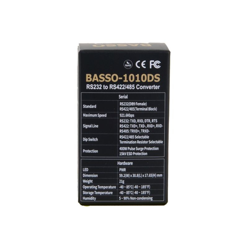 SystemBase &ndash; Industrial RS232 to RS422/485 Serial Converter, Industrial RS232 to RS422/485 Serial Adapter, mini size, 15kV ESD Protection (BASSO-1010DS)