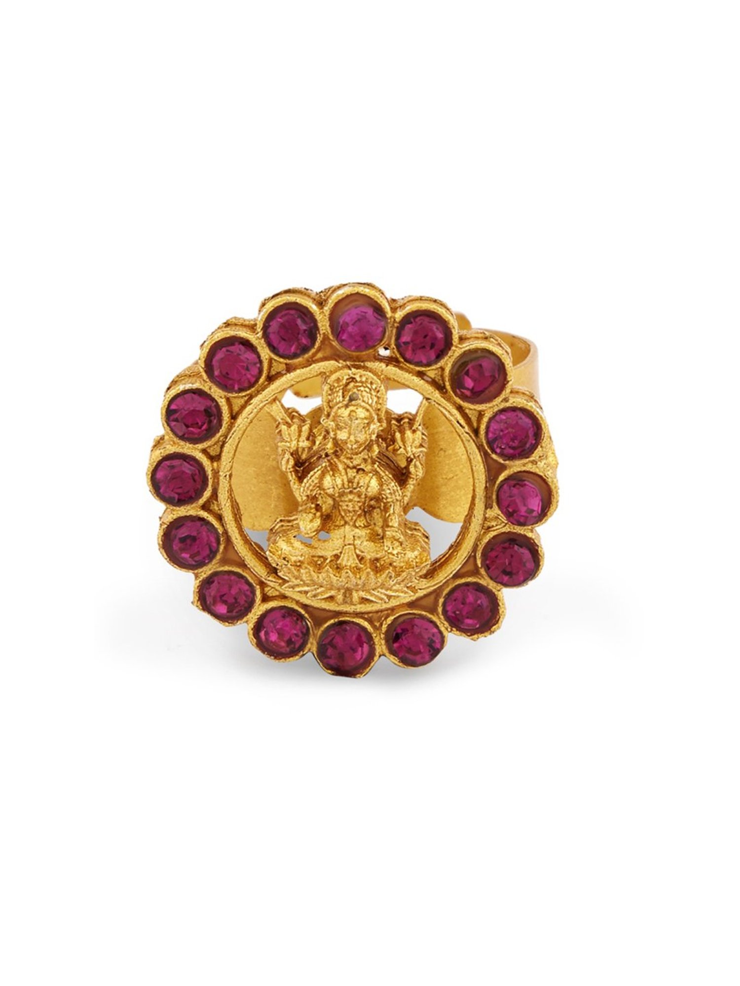 Zaveri Pearls Pinks Stones Goddess Laxmi Temple Necklace, Earring & Ring Set