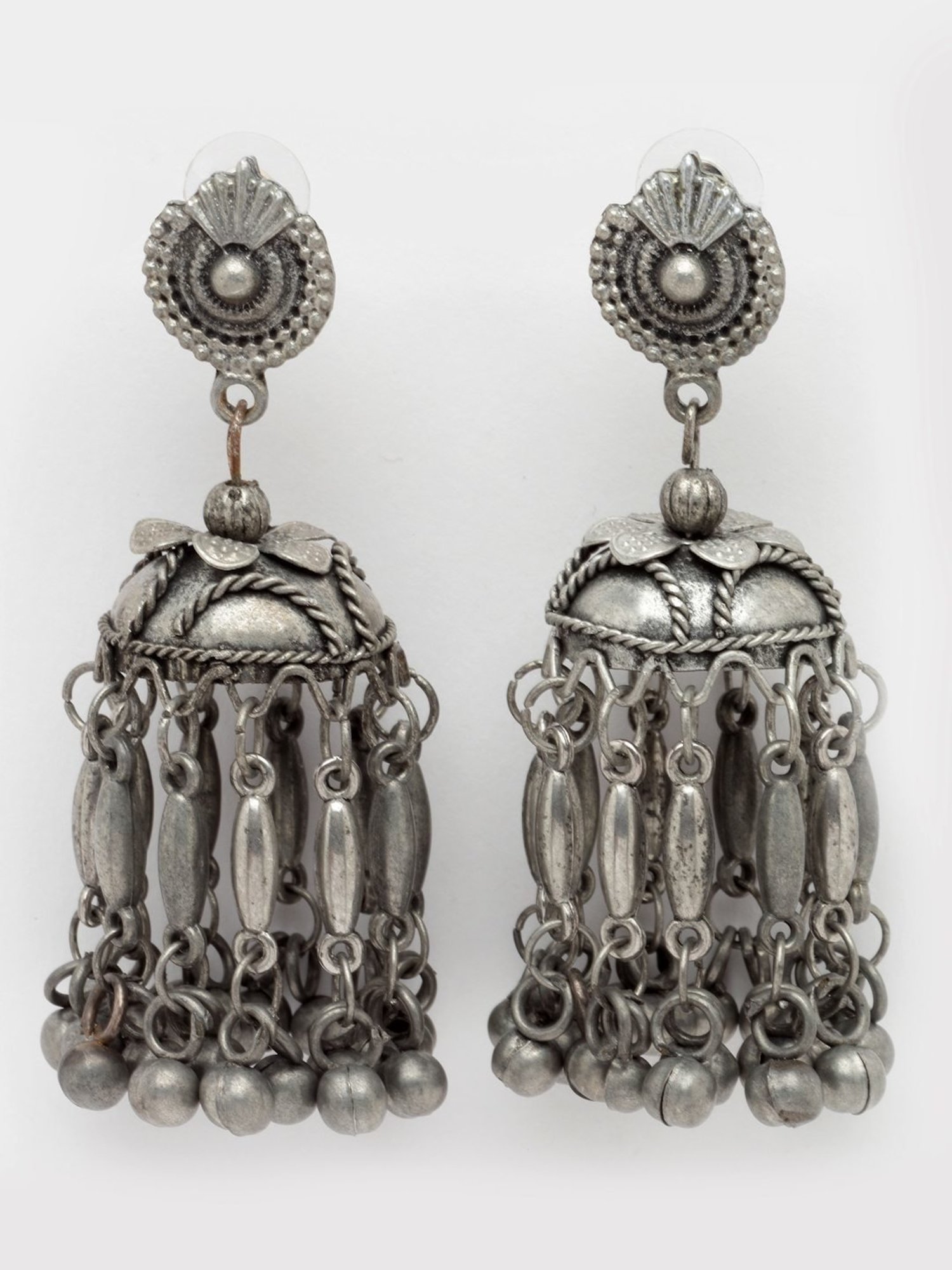 Moedbuille Ghungroo Tasselled Filigree Design Oxidised Silver Plated Handcrafted Earrings