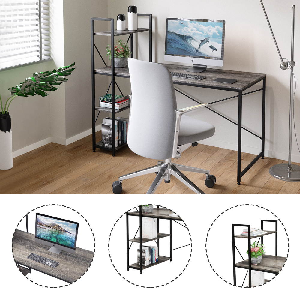 Bestier 63 Inch Computer Desk with Storage Shelves, Modern Bookshelf Desk with Headphone Hook Large Workstation Writing Desk with Reversible Bookshelves Home Office Work Table Study Desk Grey