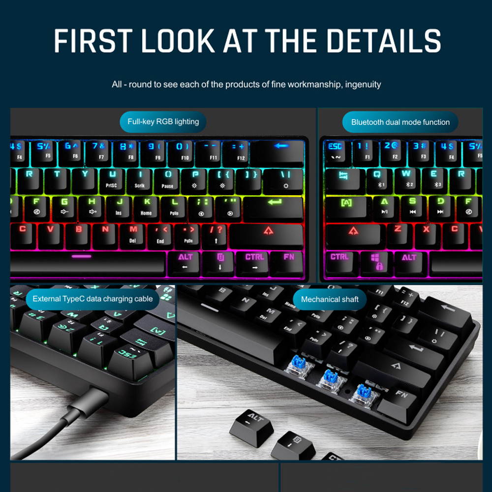 CUUWE K28 Wireless Bluetooth 61-Key Dual-Mode RGB Backlit Waterproof Mechanical Gaming Keyboard - Office Keyboard -Gaming Keyboard