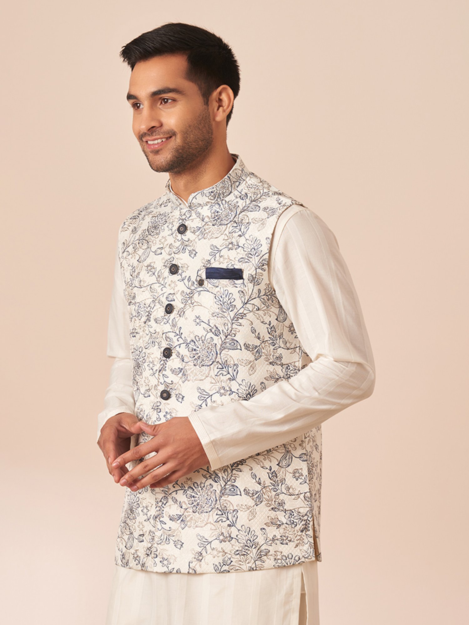 Manyavar White Regular Fit Floral Print Nehru Jacket