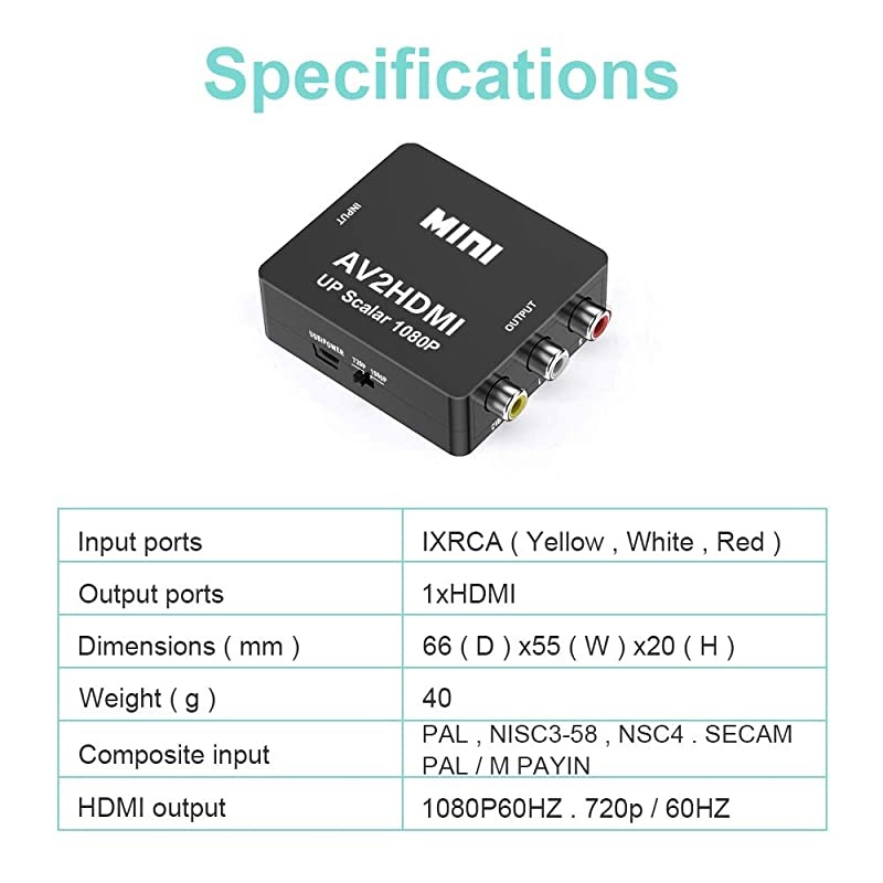 RCA to HDMI Converter 1080P Mini CVBS to HDMI Composite Video Audio Converter AV to HDMI Converter Supports NTSC PC Laptop Xbox PS4 PS3 TV STB VHS VCR Camera DVD