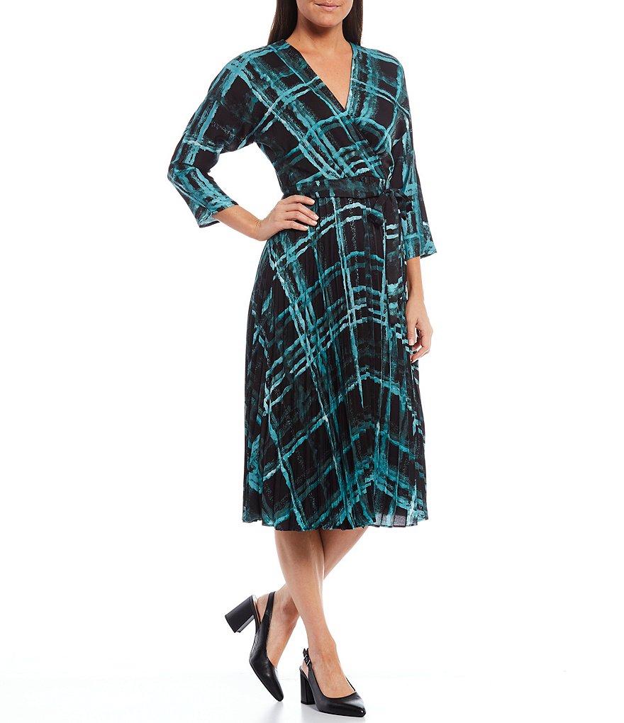 Maison Tara Plaid Sunburst Pleat 3/4 Sleeve Satin Midi Dress