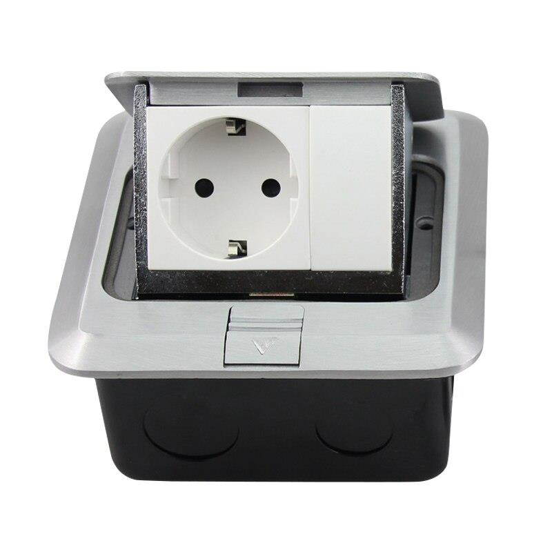 All Aluminum Silver Panel EU Standard Pop Up Floor Socket Electrical Outlet With Internet Computer Port 120*120mm
