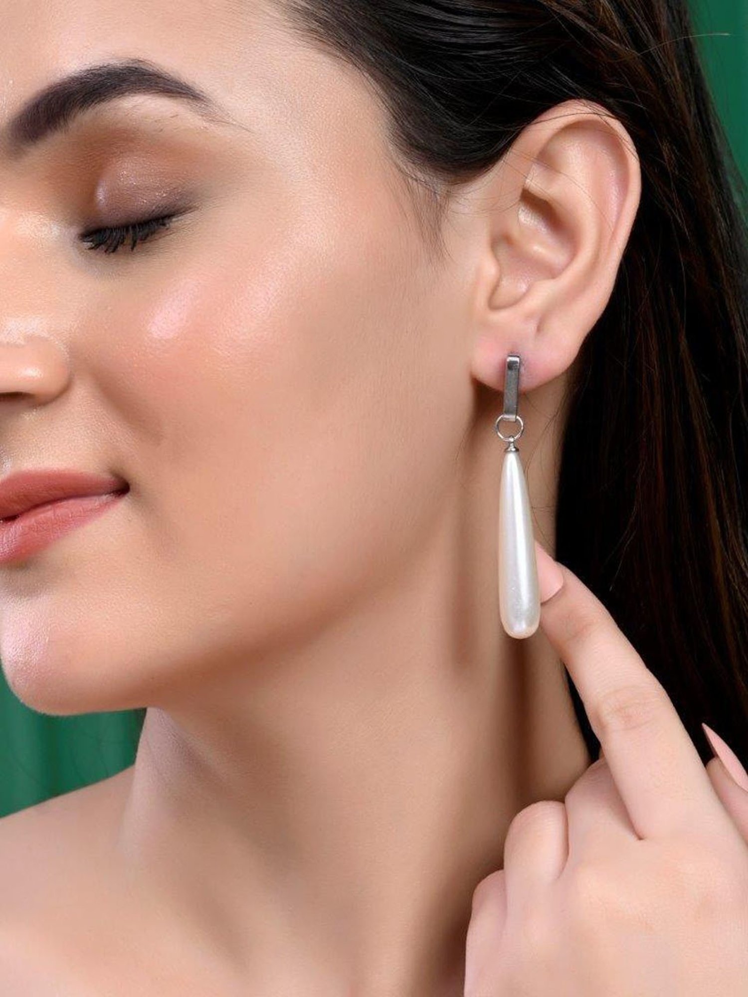 VOJ Set of 2 Korean Drop Earrings - Gold Plated and Silver Plated with White Pearl for Women