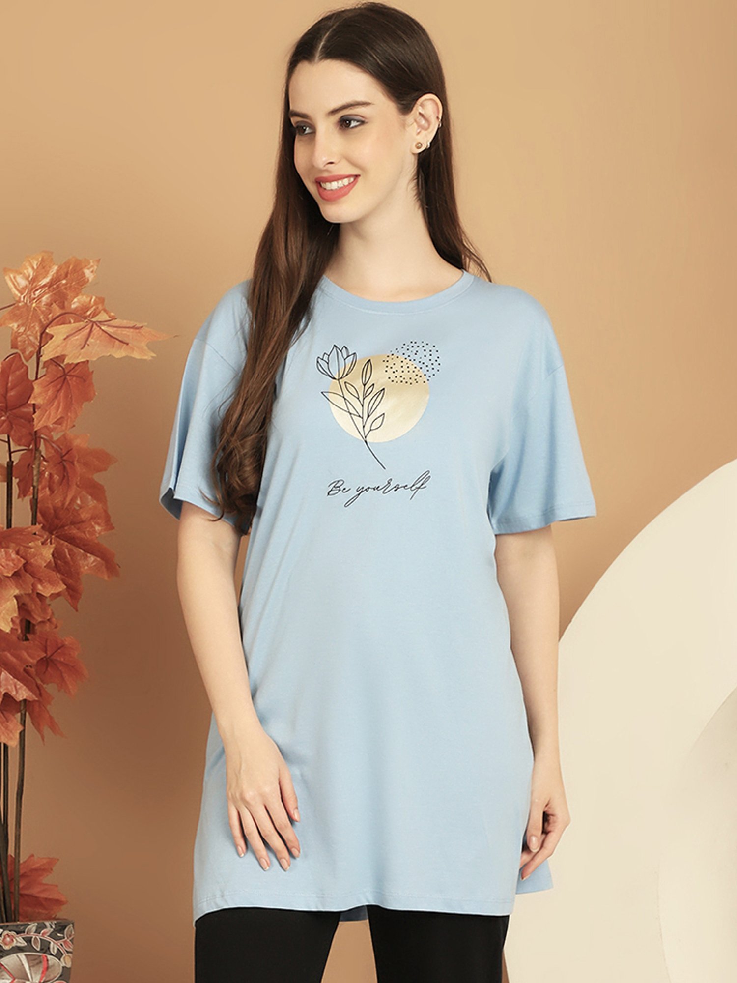 Kanvin Blue Cotton Printed T-Shirt
