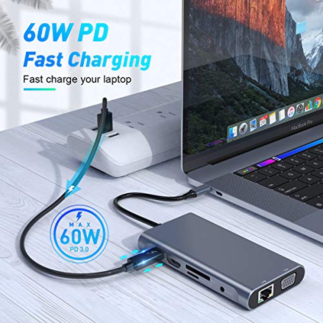 10 in 1 USB C Hub, Double Display USB C Docking Station with 4K HDMI, VGA,Gigabit Ethernet, Power Delivery Type C Port, SD/TF Card, 3 USB, Audio, USB C Dock Compatible for MacBook, Other USB C Laptop