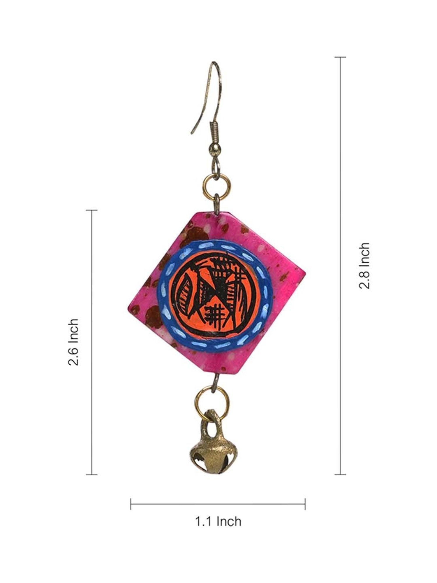 ExclusiveLane 'Tribal Warli Squares' Punch Pink & Orange Resin Brass Earrings in Warli Art
