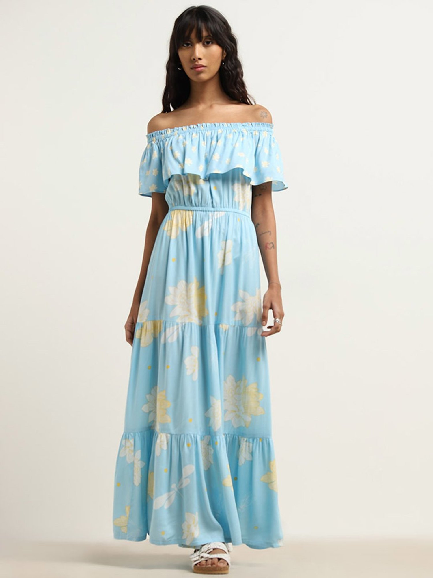 Bombay Paisley by Westside Blue Floral Printed Tiered Dress