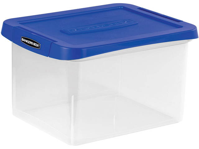 Bankers Box 0086201 Heavy Duty Plastic File Storage, Letter / Legal Files, 14" x 17.38" x 10.5", Clear / Blue