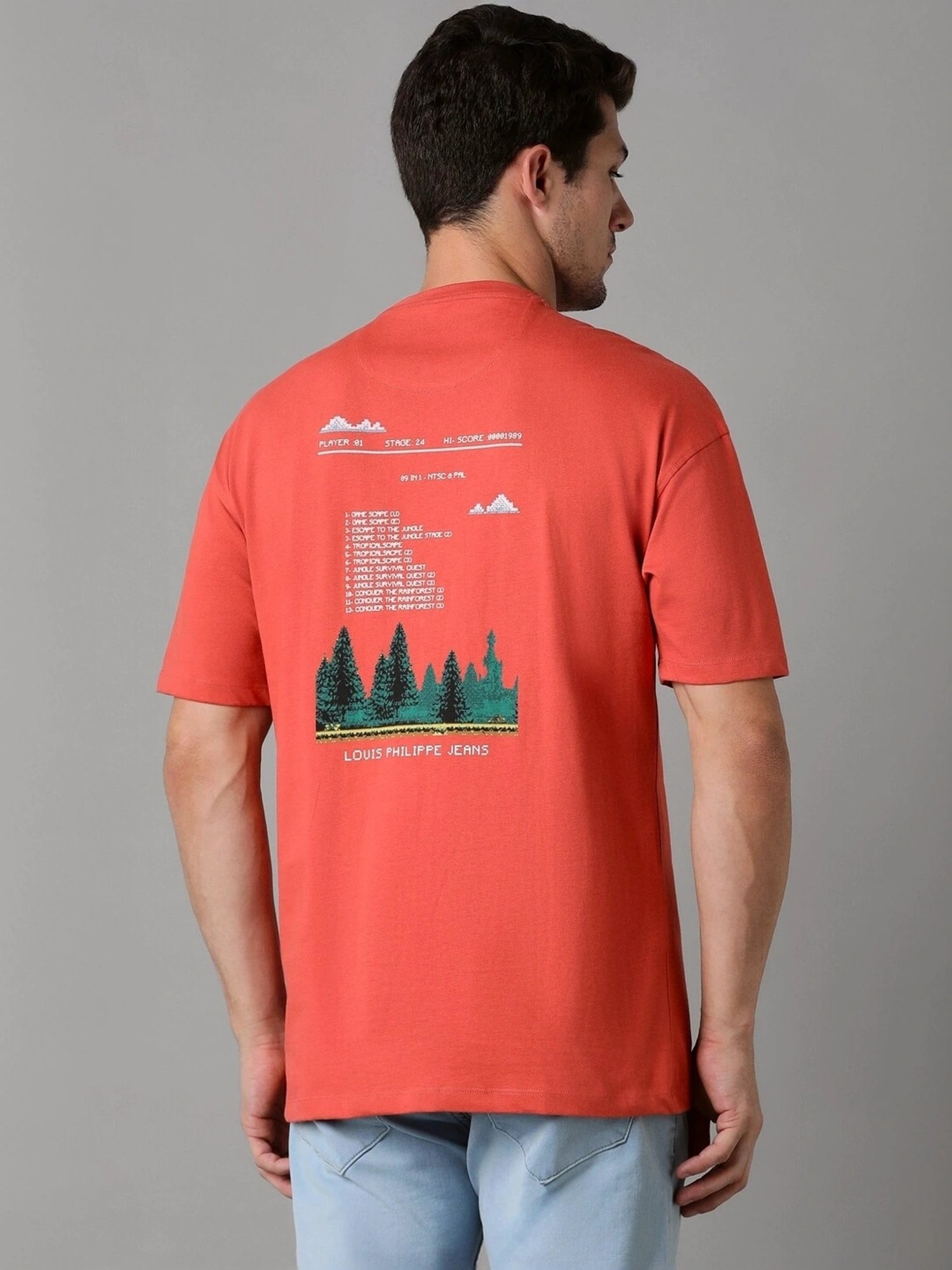 Louis Philippe Red Cotton Slim Fit Printed T-Shirt