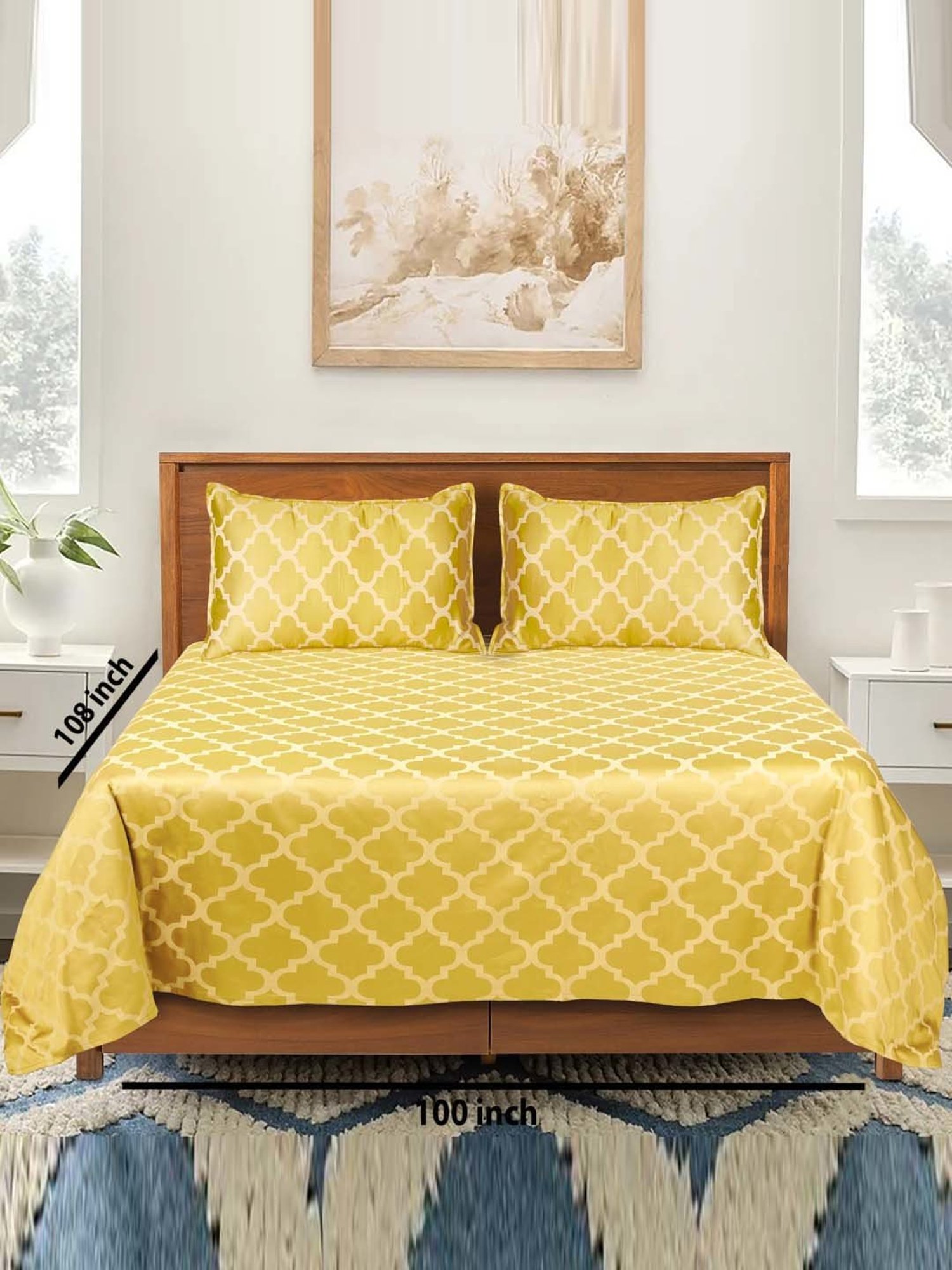 Saral Home Easy Living Yellow Cotton Tangier Soft Self Pattern Queen Bed Sheet With Pillow Covers