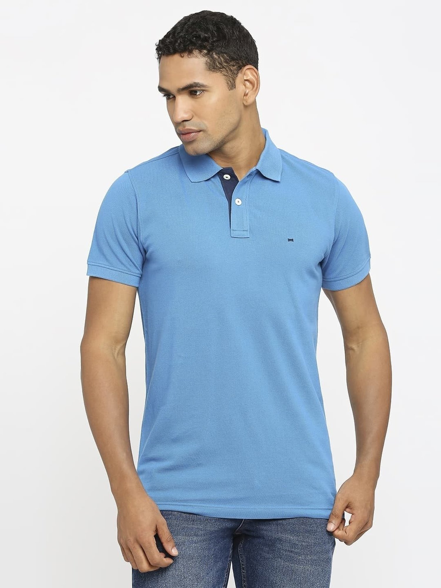 Basics Blue Cotton Muscle Fit Polo T-Shirt