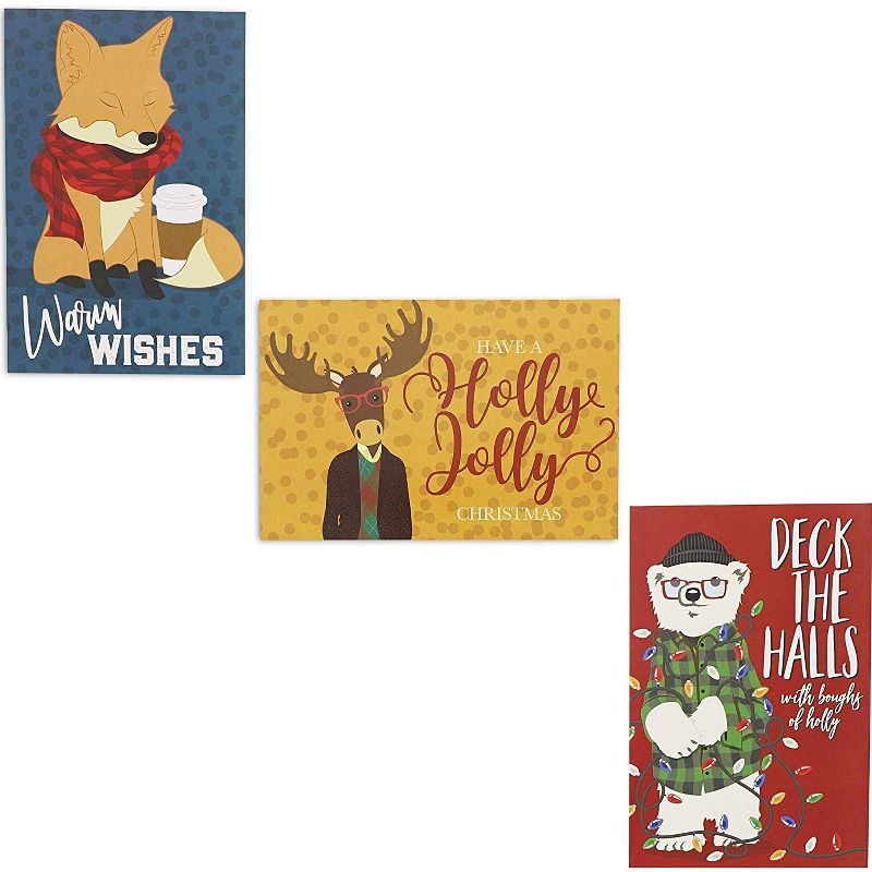 48 Pack (8 of Each) Cute Woodland Animal Christmas Cards with Envelopes, 4 x 6 inches, 6 Assorted Designs Merry Xmas Festive Themed Greeting Cards