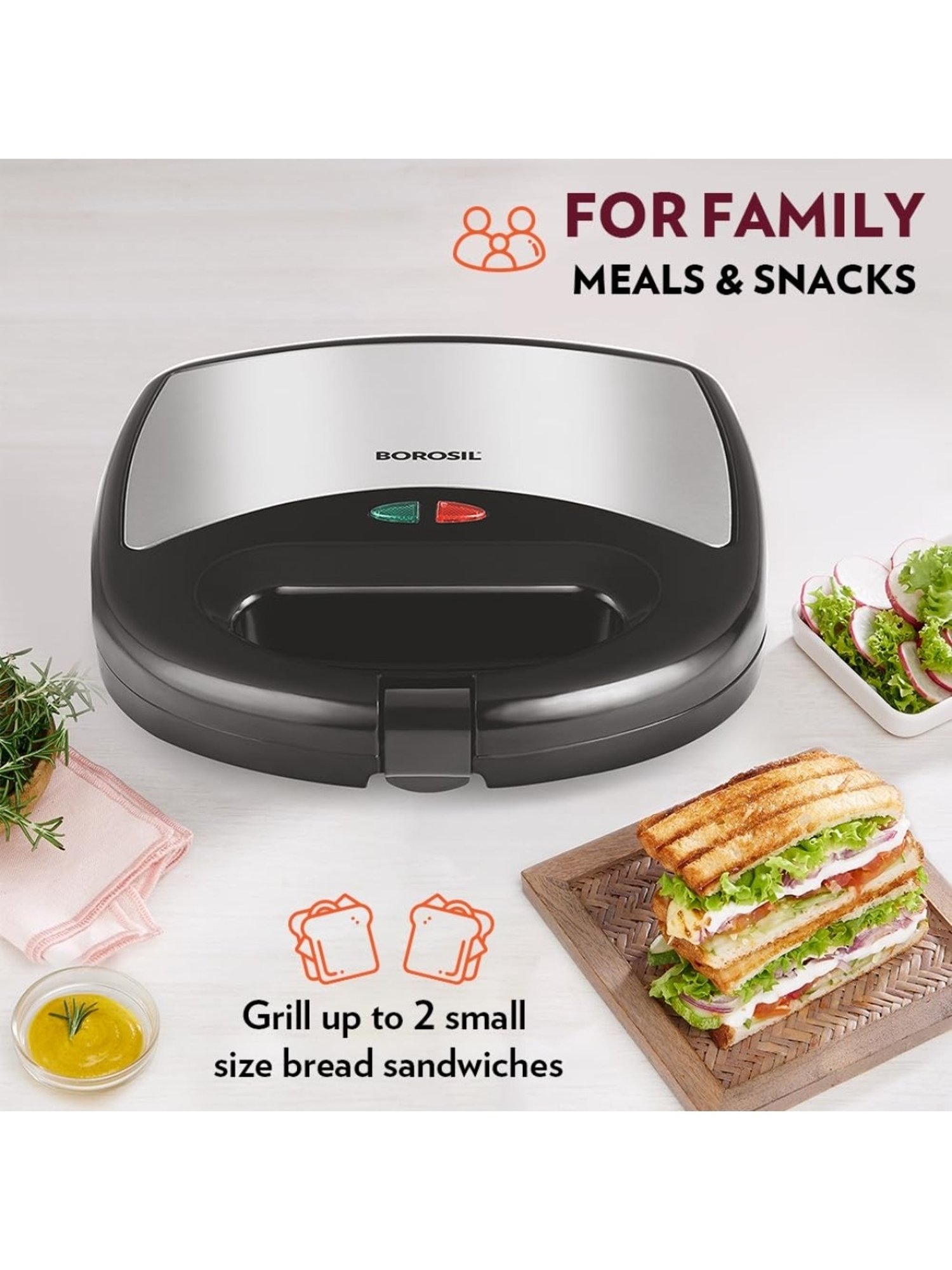 Borosil Sandwich Maker 700W Non Stick Coating (Black)