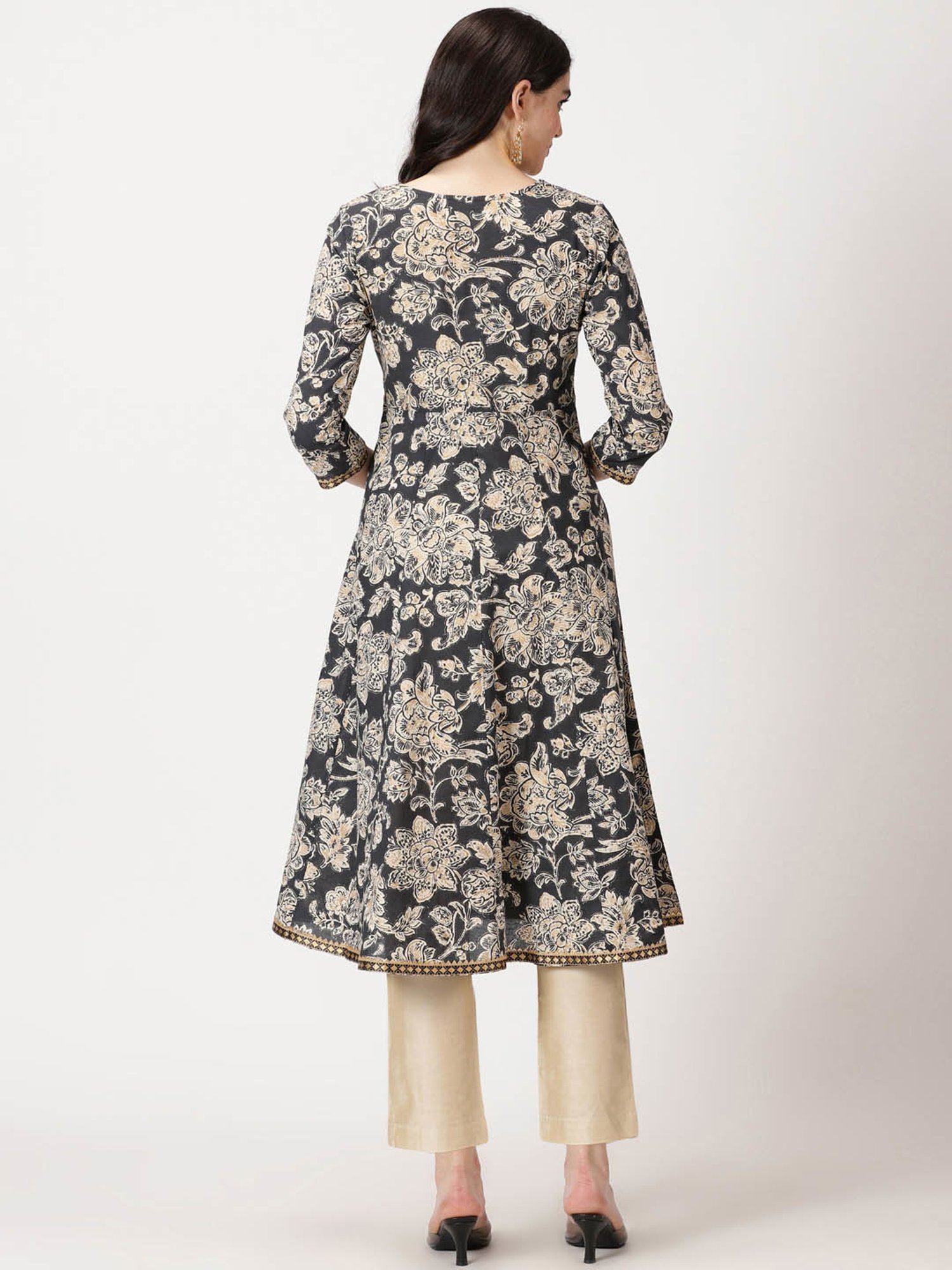 Saffron Threads Black Cotton Floral Anarkali Kurta