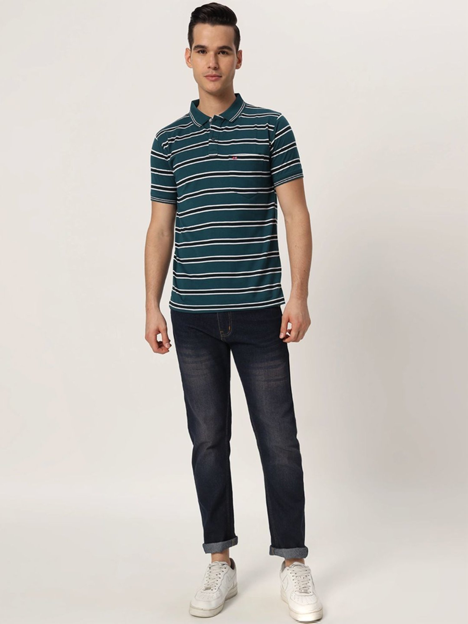 Tab91 Turquoise Regular Fit Striped Polo T-Shirts