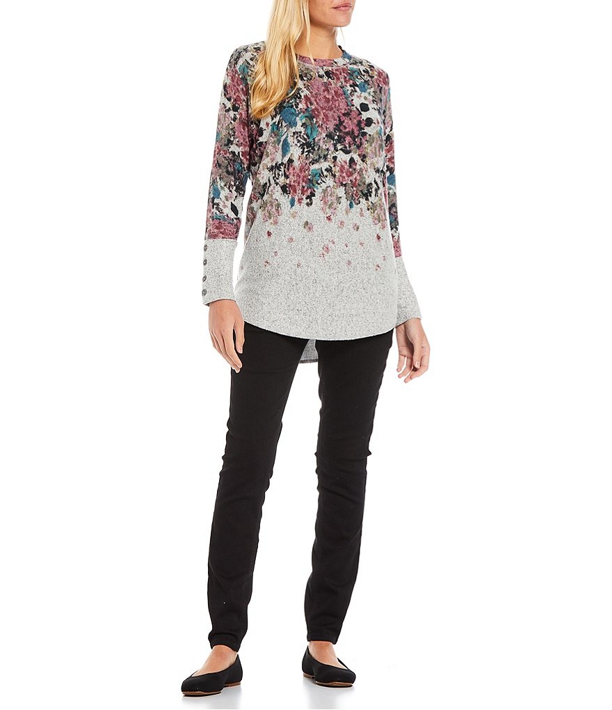 Westbound Petite Size Floral Placement Long Dolman Sleeve Button Cuff Crew Neck Top