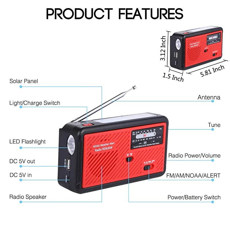 Radio with Solar and Hand Crank Self Powered Portable FMAM NOAA Weather Radio with Alert Battery USB Recharging LED Flashlight Cell Phone Charger red