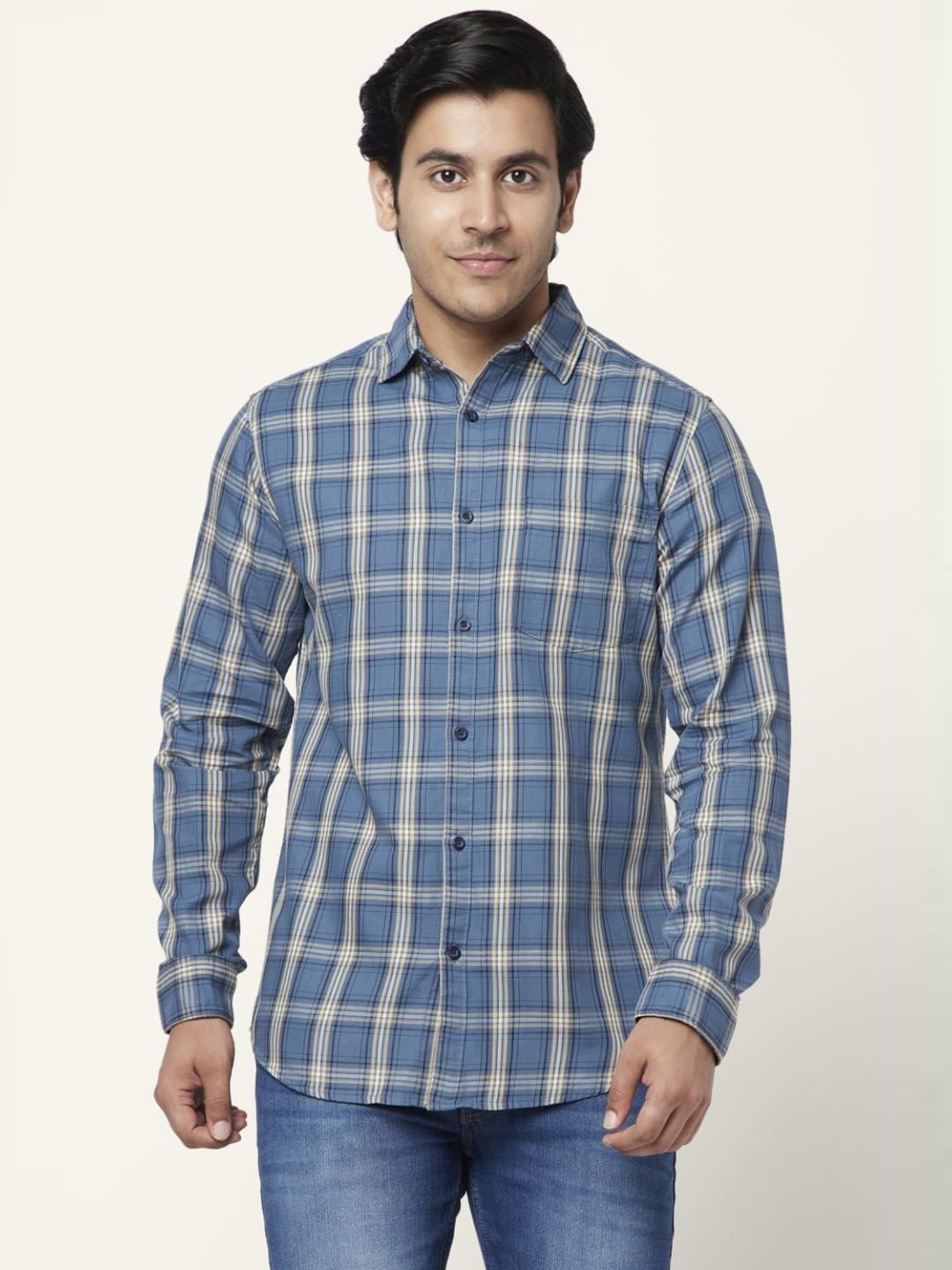 Spykar Blue Cotton Slim Fit Checks Shirt