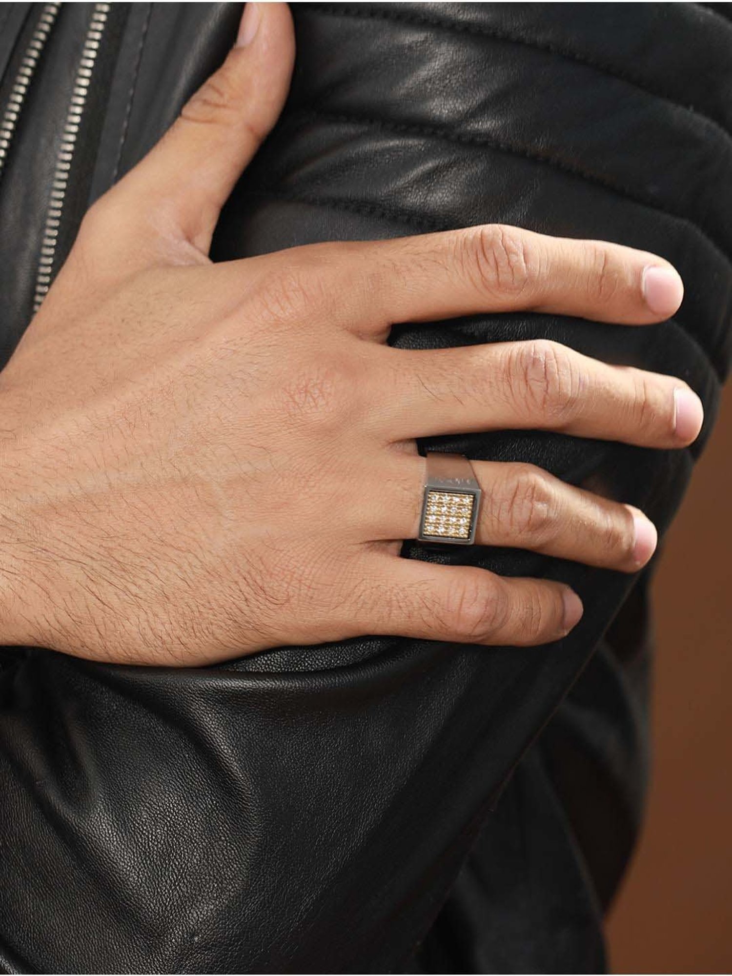 Bold by Priyaasi Square AD Gold-Toned Silver-Plated Ring for Men