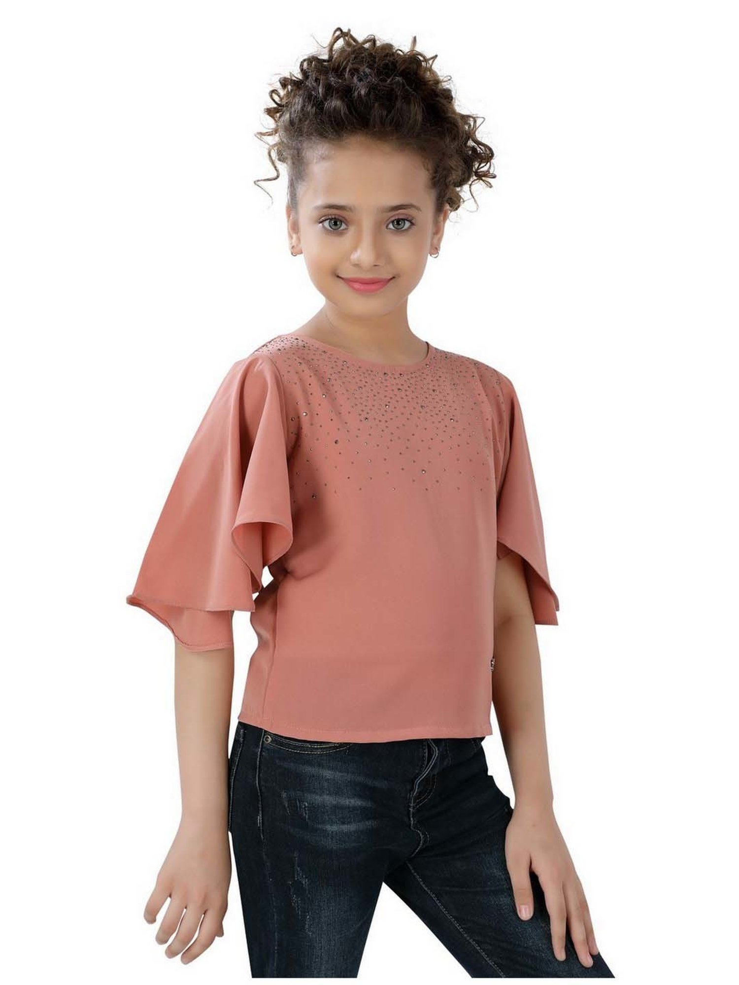 poplins Kids Baby Pink Cotton Embellished Top