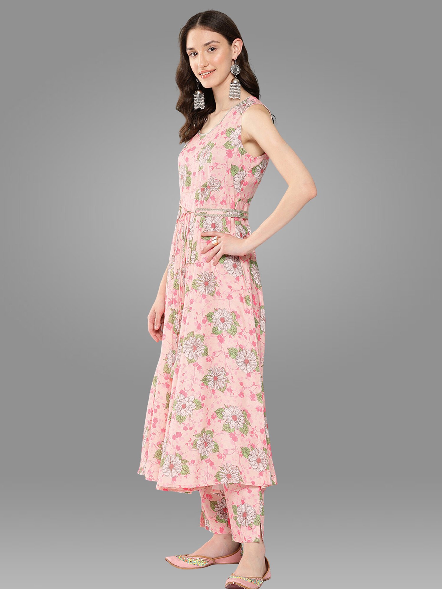 Janasya Peach Floral Print Kurta With Pant & Dupatta