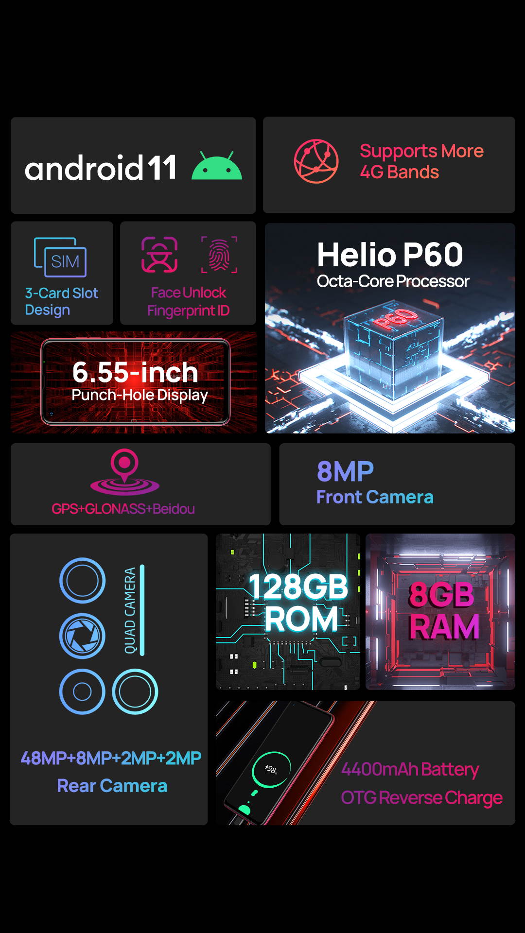 Ulefone Note 11P (2021) Unlocked Phones, Android 11 P60 Octa-core 8GB + 128GB ROM, 48MP Four Rear Camera + 8MP Front Camera, 6.55" HD+ Screen 4400mAh Big Battery Dual 4G Unlocked Smartphone