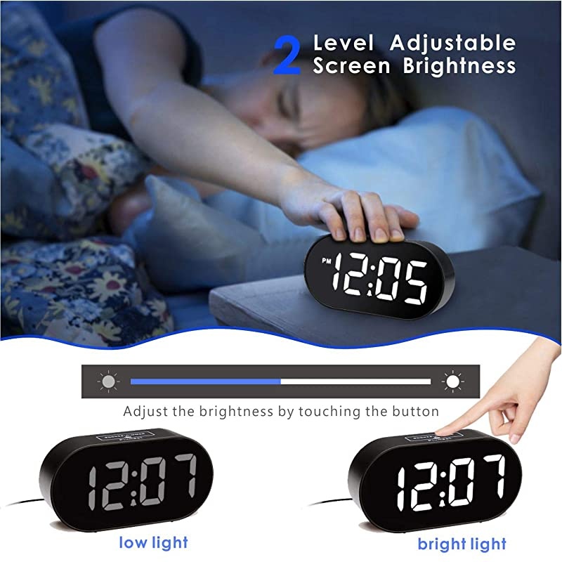 Digital LED Alarm Clock with Dimmer and Snooze 2 Level Alarm Volume Optional Large White Digit Display Bedside Clocks with USB Port Phone Charger Simple Operation White