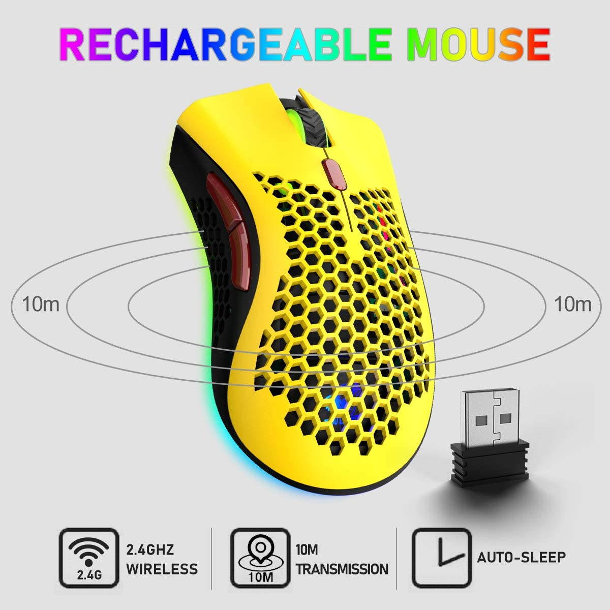 Wireless Lightweight Gaming Mouse Honeycomb with 7 Button Multi RGB Backlit Perforated Ergonomic Shell Optical Sensor Adjustable DPI Rechargeable 800 mAh Battery USB Receiver for PC Mac Gamer