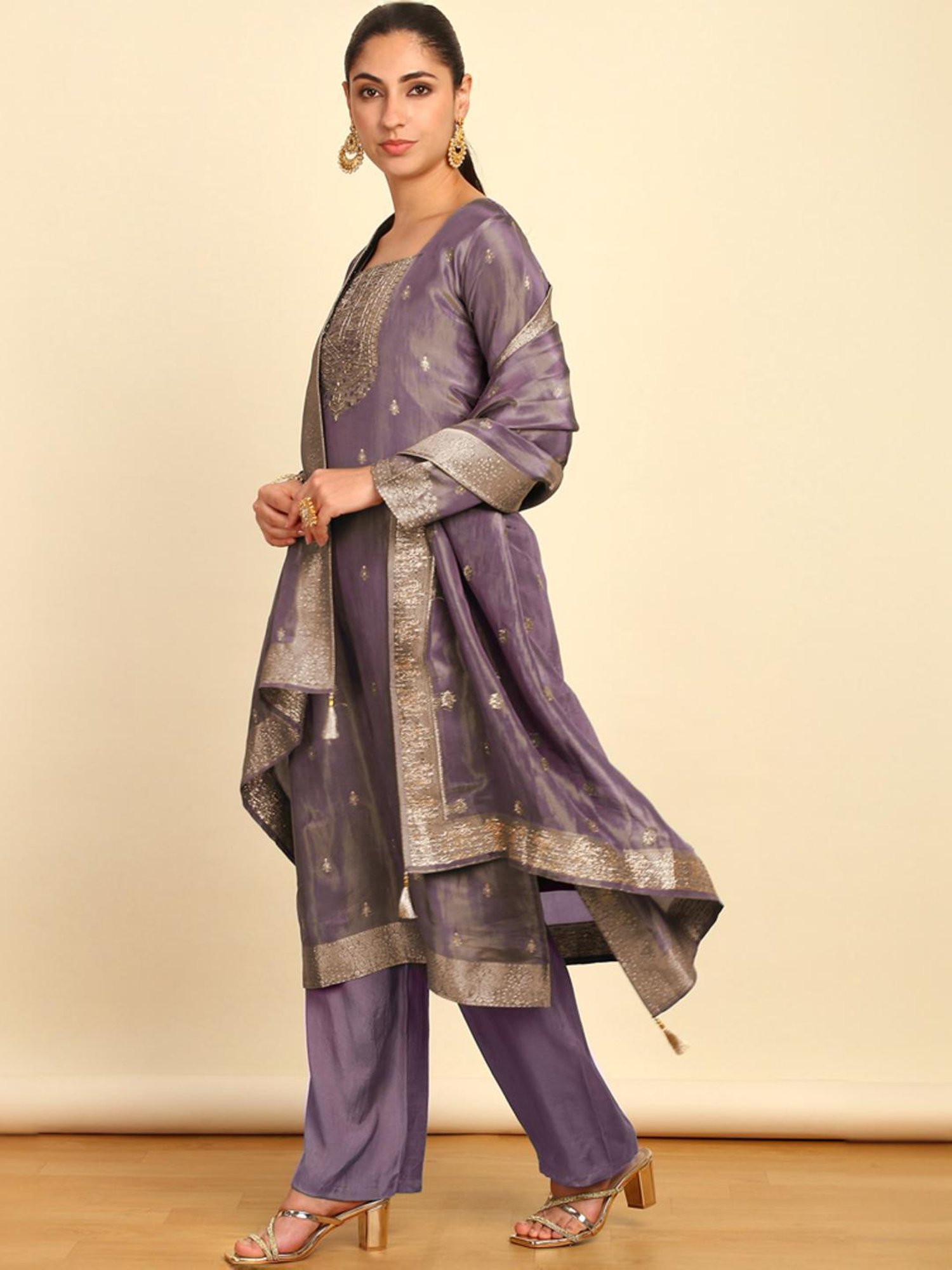 Soch Womens Purple Silk Blend Zari Woven Unstitch Dress Material With Mirror And Cutdana