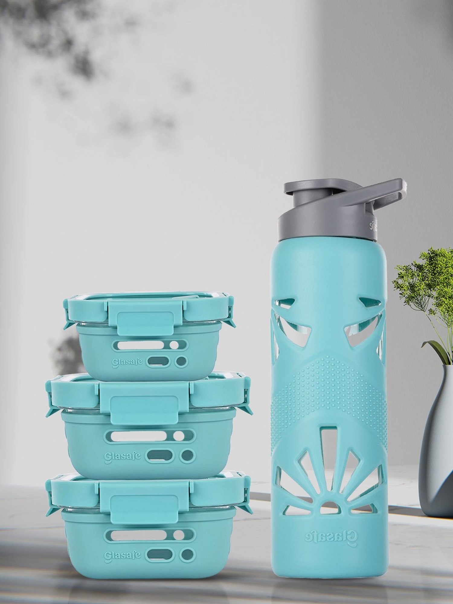 Glasafe Trio Grip Mellow Green Borosilicate Tiffin Combo