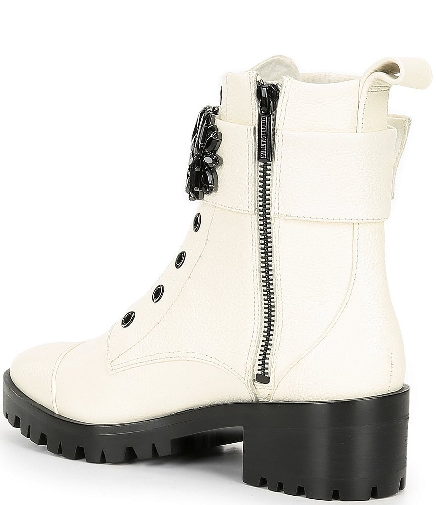 KARL LAGERFELD PARIS Pippa Jeweled Strap Leather Lug Sole Combat Booties