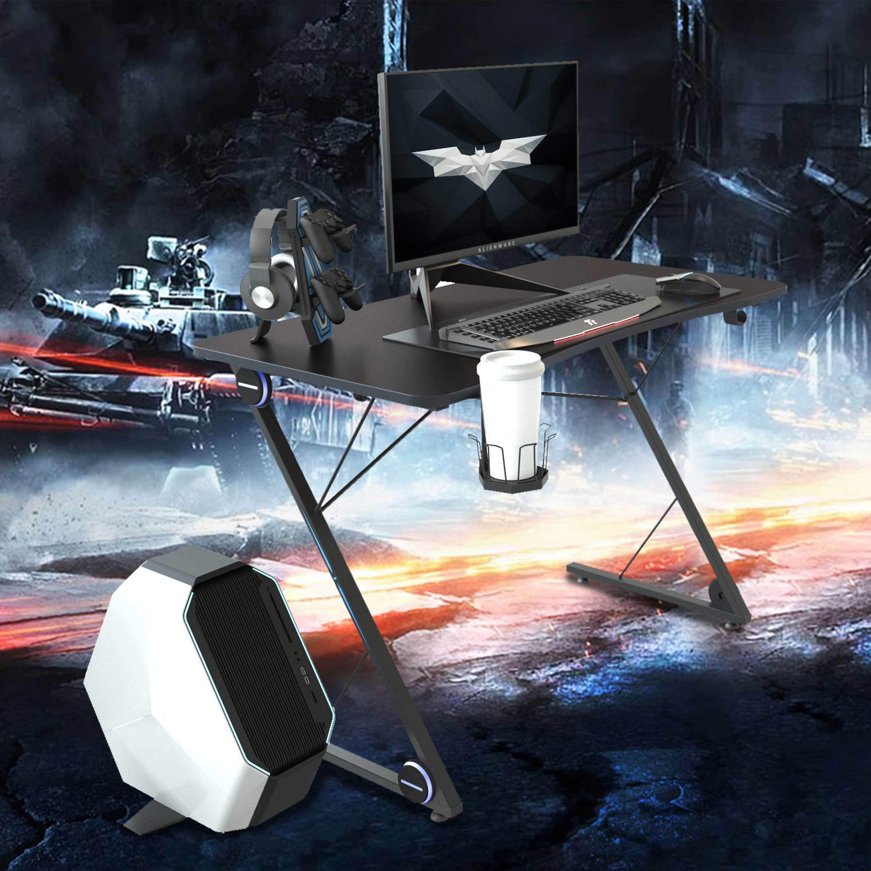 Gaming Desk, Z-Shaped Professional E-Sport Gamer Workstation with LED Lights & Large Carbon Fiber Surface, Ergonomic PC Gaming Table for Home Office