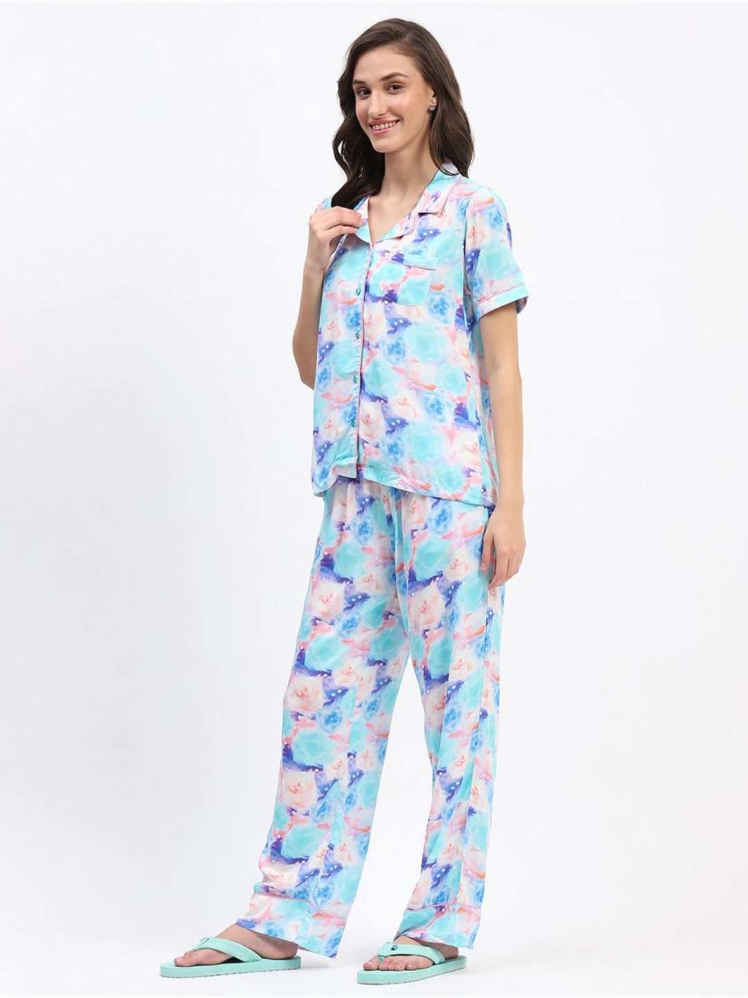 MADAME M Secret Blue Printed Shirt Pyjamas Set