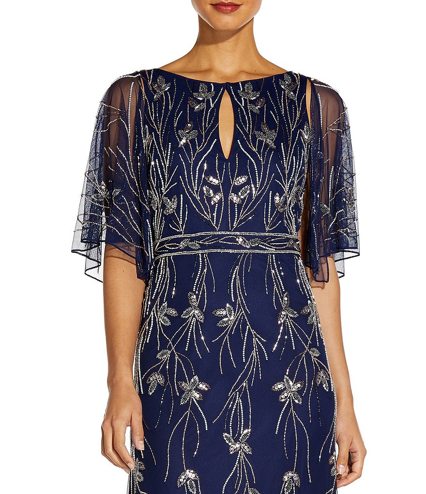 Aidan Mattox Flutter Sleeve Floral Beaded A-Line Gown