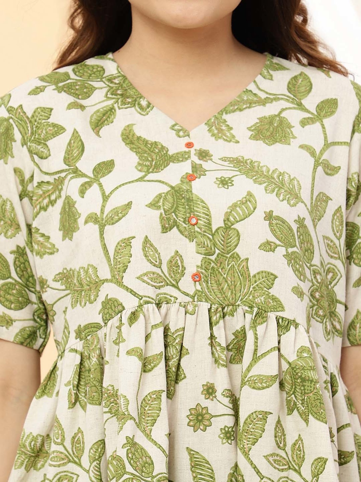 Sringam Off-White & Green Floral Print Tunic Palazzo Set