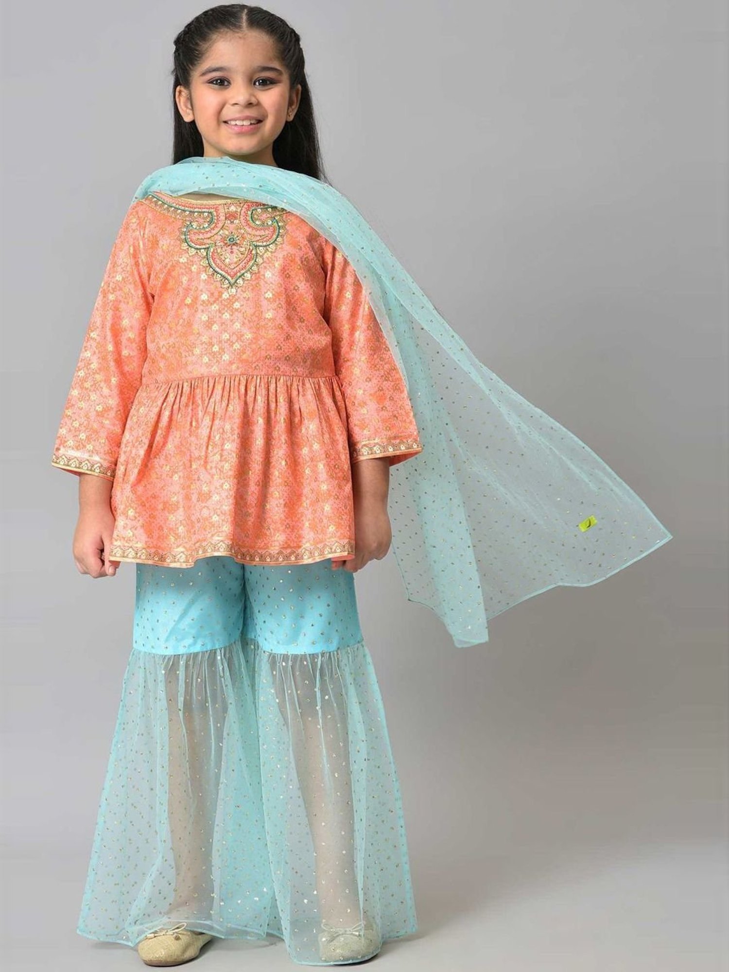 Aurelia Kids Peach & Blue Printed Full Sleeves Top Set