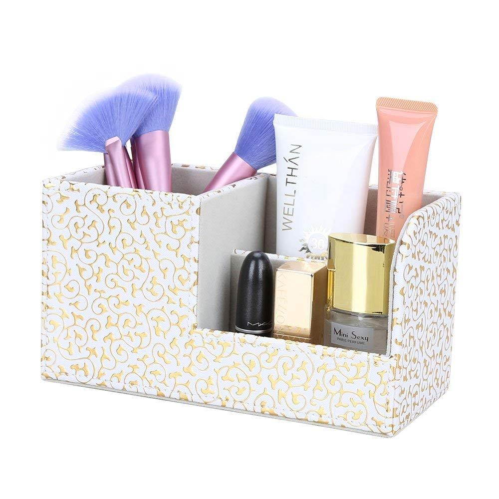 KINGFOM Leatherette Desk Organizer Pen/Pencil/ Remote Control/Cell Phones/Brushes Holder Office Container Storage Box (S-Gold&White)